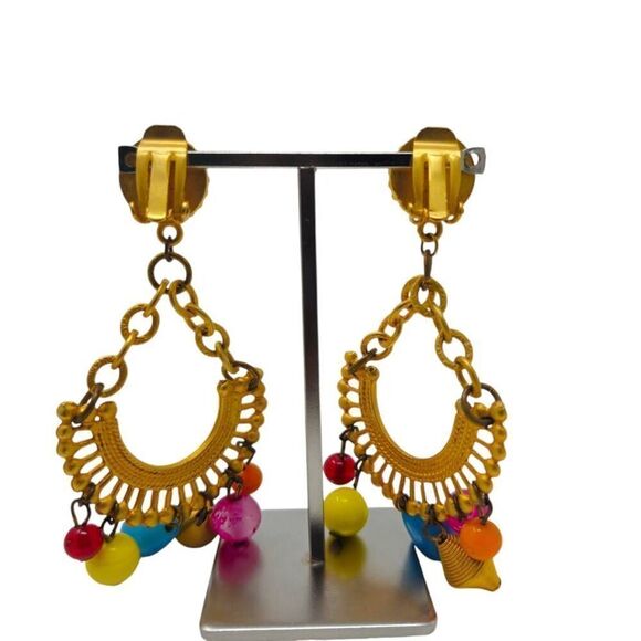 Vintage Gold Tone Tropical Beaded Clip-On Earrings | 3.50" - Picture 4 of 7